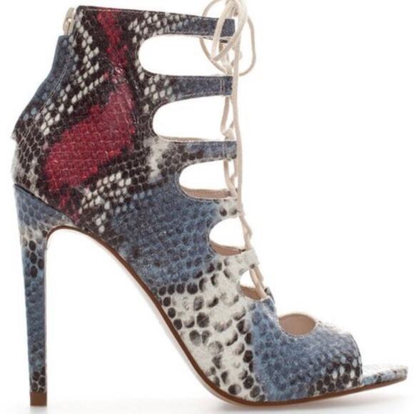 Zara Leather Snake Print Lace Up Heels 41/10 - Picture 1 of 8